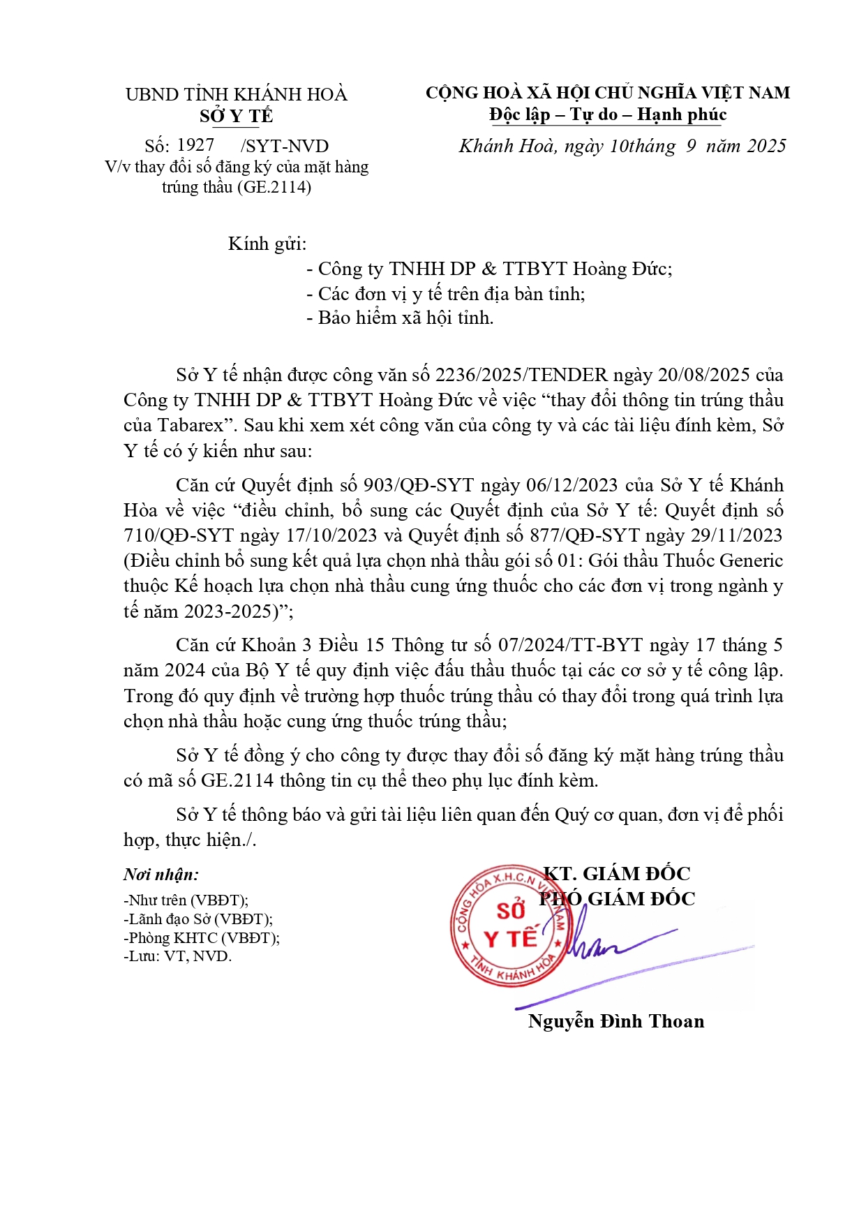 V/v thay đổi số đăng ký của mặt hàng trúng thầu (GE.2114)